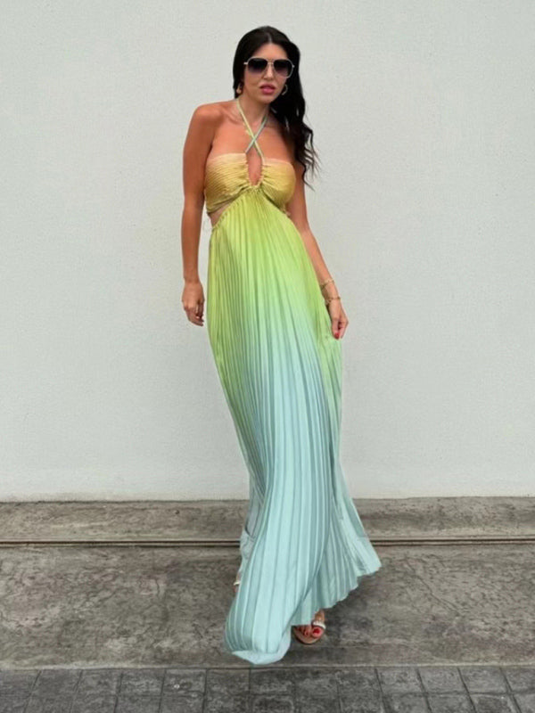 Gradient color halter neck pleated long skirt ladies beach holiday dress