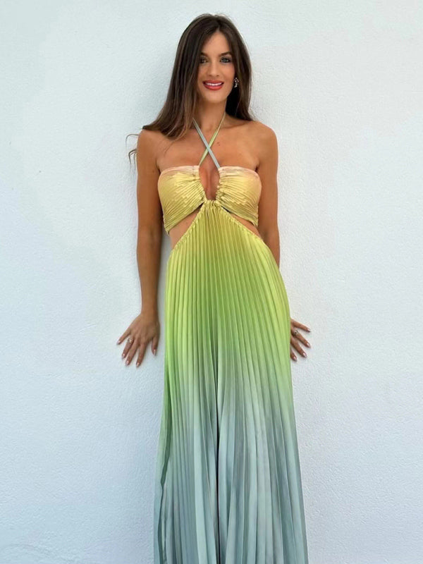 Gradient color halter neck pleated long skirt ladies beach holiday dress