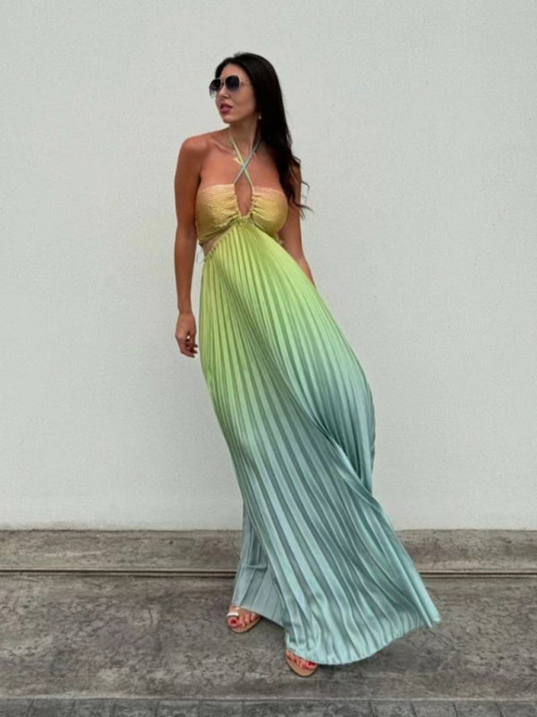 Gradient color halter neck pleated long skirt ladies beach holiday dress
