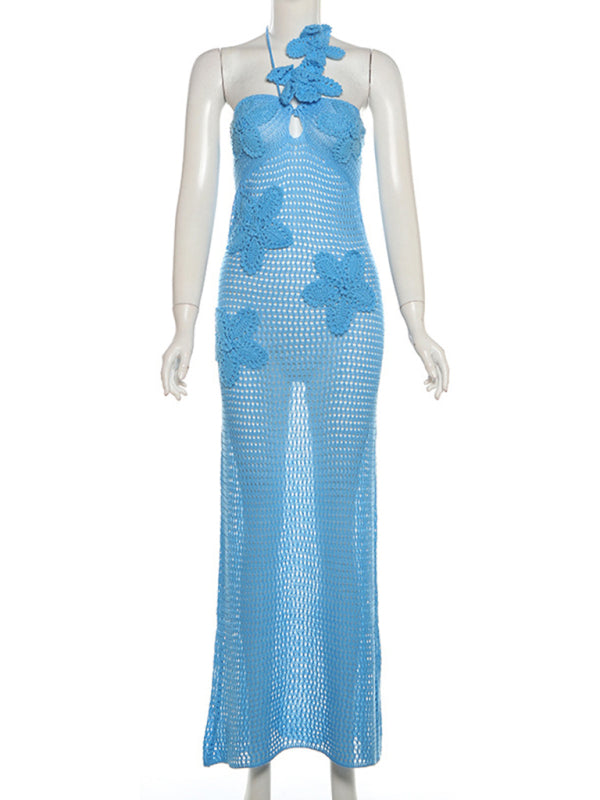 Elegant Knit Hollow Sleeveless Halter Neck Tie Dress