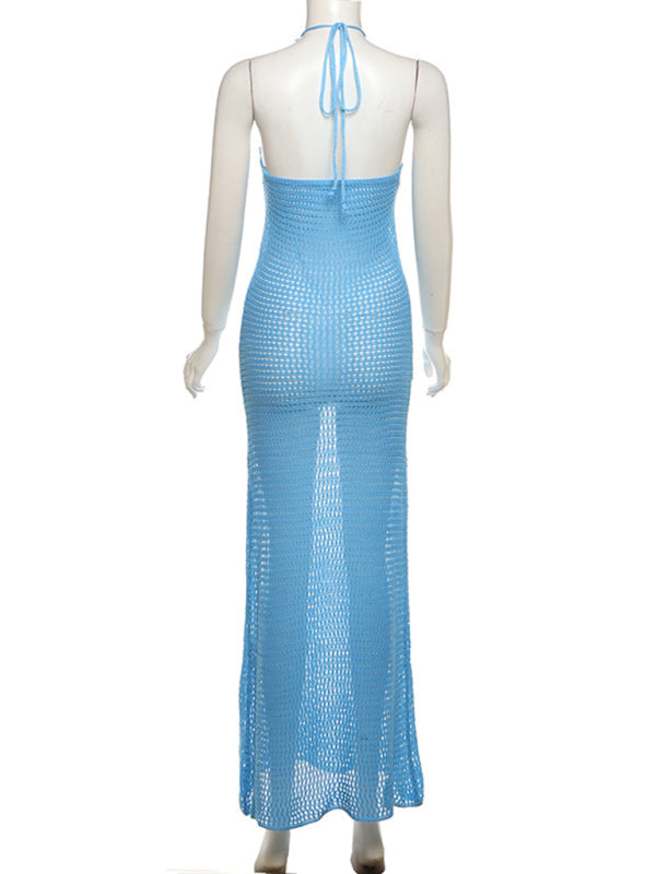 Elegant Knit Hollow Sleeveless Halter Neck Tie Dress
