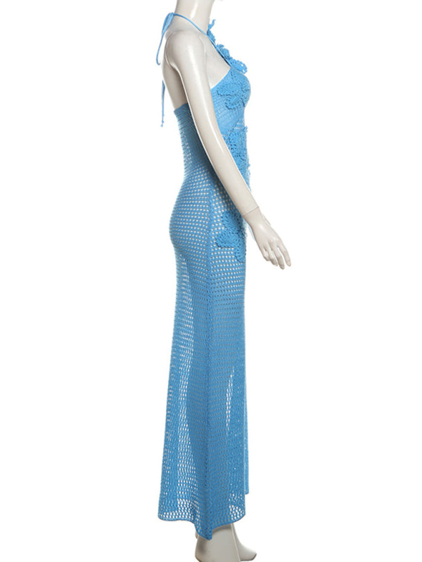 Elegant Knit Hollow Sleeveless Halter Neck Tie Dress
