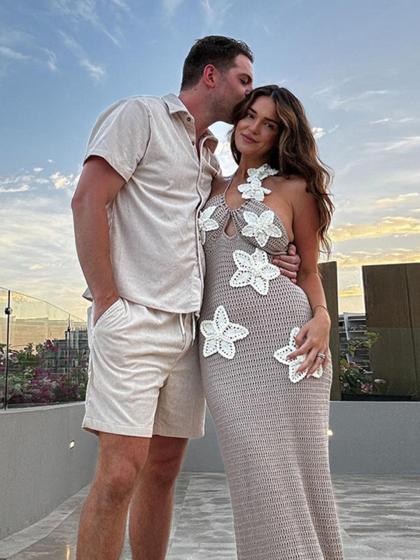 Elegant Knit Hollow Sleeveless Halter Neck Tie Dress