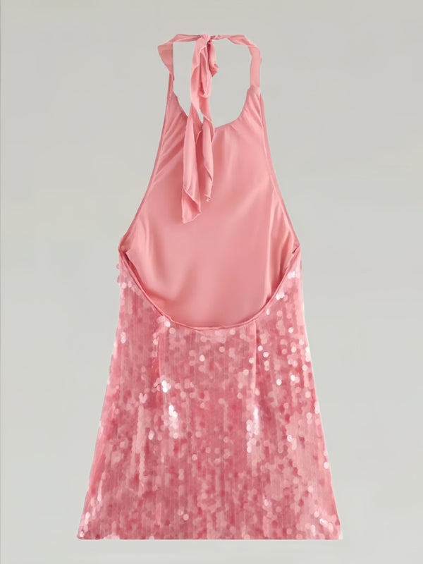 Hot Girl Sexy Sequin Halter Dress Sweet Sleeveless Backless Pink Round Neck Short Skirt