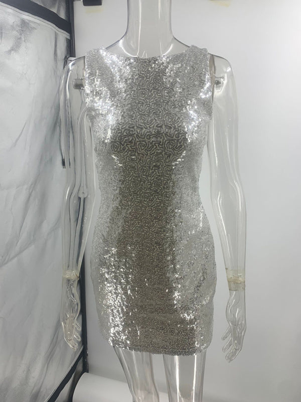 Sleeveless Fitted Backless Bow Sequin Mini Dress