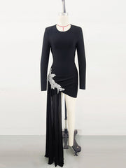 Black Diamond Flower Long Sleeve Evening Dress Party Sexy Dress