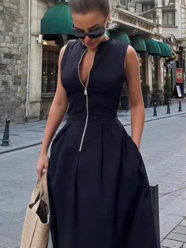 Sleeveless V-neck Casual Temperament Commuter Waist Zipper Neck Dress