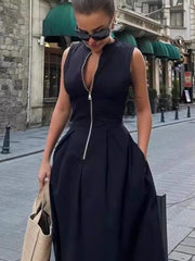 Sleeveless V-neck Casual Temperament Commuter Waist Zipper Neck Dress
