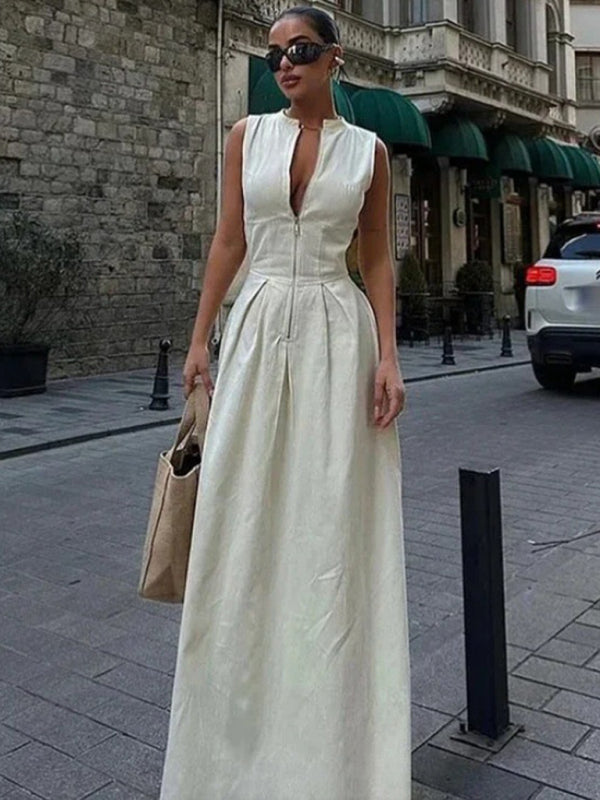 Sleeveless V-neck Casual Temperament Commuter Waist Zipper Neck Dress