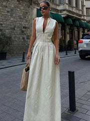 Sleeveless V-neck Casual Temperament Commuter Waist Zipper Neck Dress