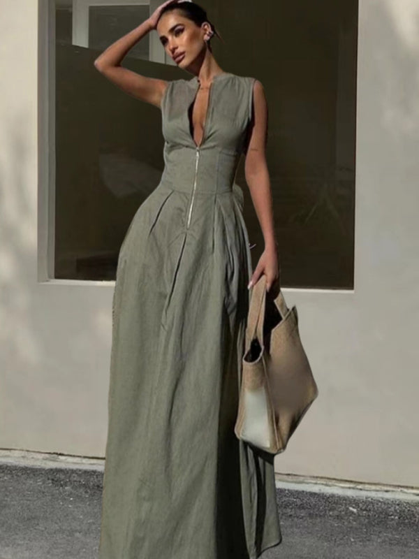Sleeveless V-neck Casual Temperament Commuter Waist Zipper Neck Dress