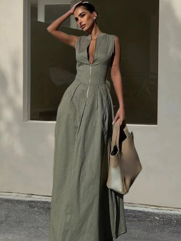 Sleeveless V-neck Casual Temperament Commuter Waist Zipper Neck Dress