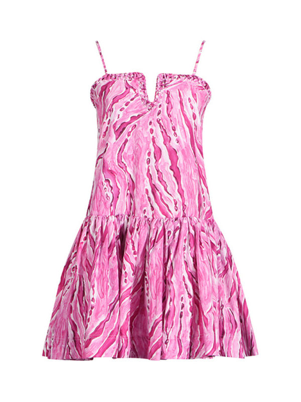 Hot girl style ruffled suspender skirt niche design printed short dress