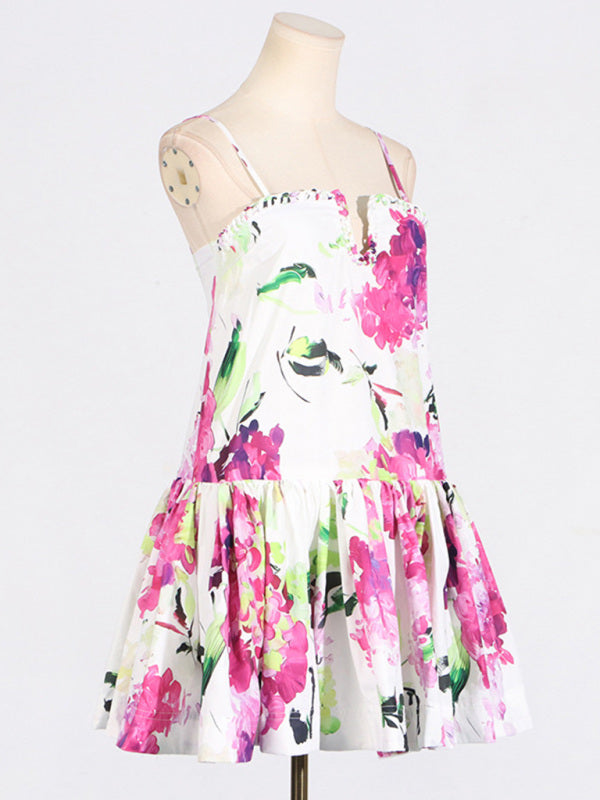 Hot girl style ruffled suspender skirt niche design printed short dress