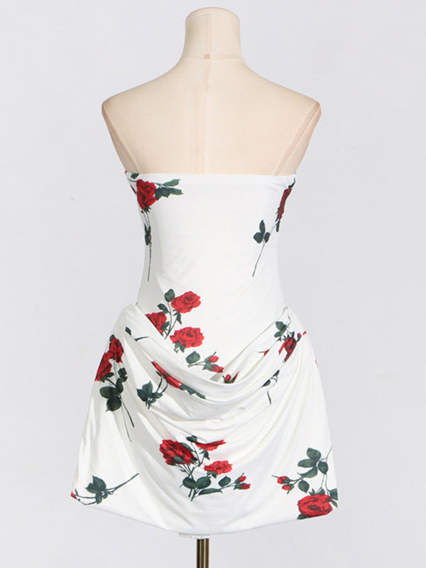 Year Christmas three-dimensional fishbone slim tube top dress rose print pleated design dress