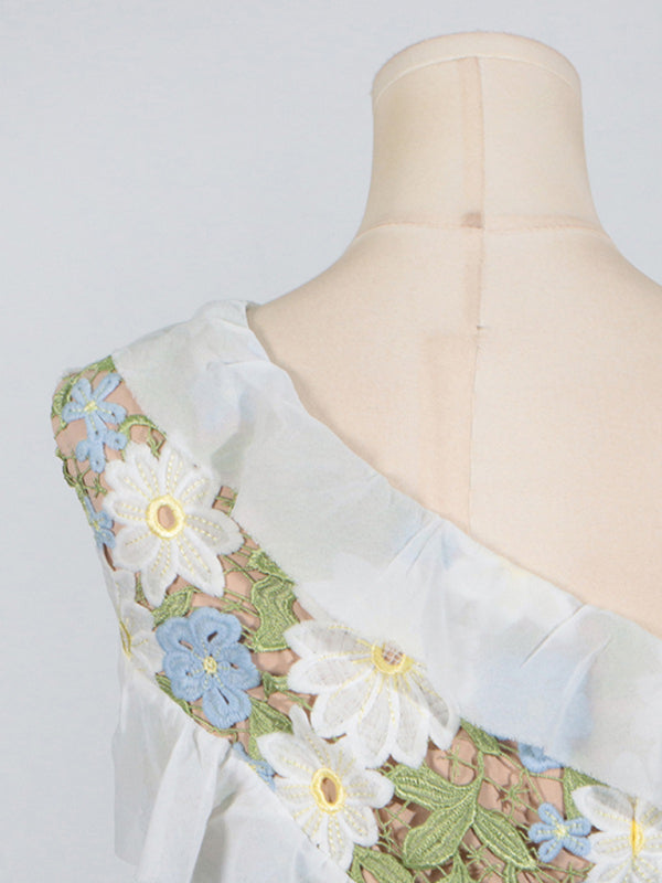 Slanted Shoulder Sleeveless Embroidered Mesh Ruffle Dress