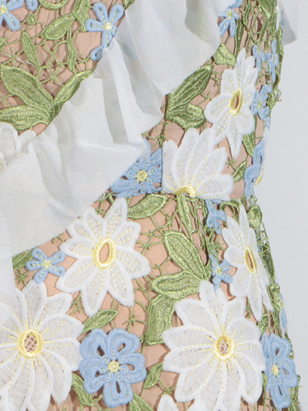 Slanted Shoulder Sleeveless Embroidered Mesh Ruffle Dress