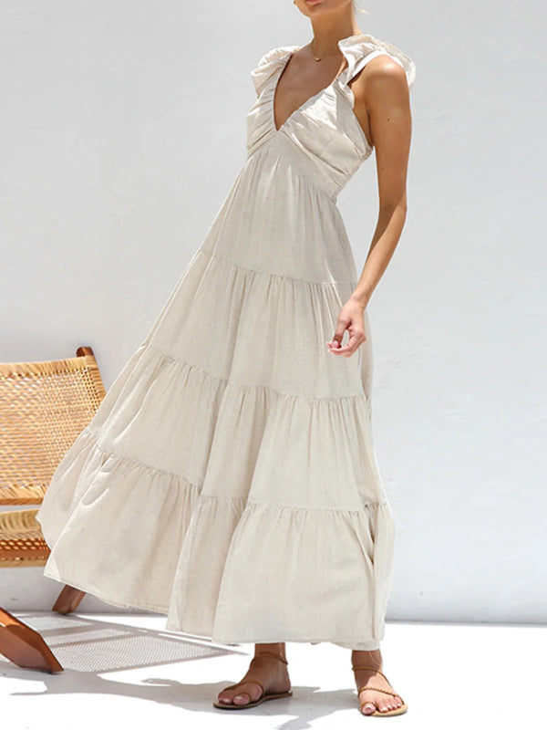 V-neck sexy sleeveless solid color suspender holiday beach dress
