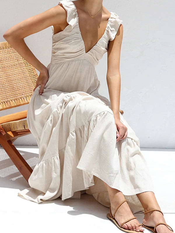 V-neck sexy sleeveless solid color suspender holiday beach dress