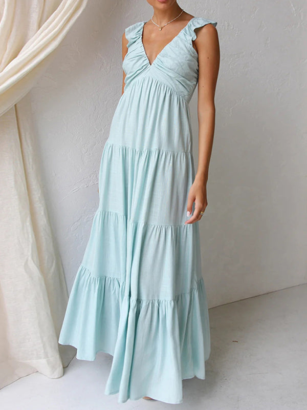 V-neck sexy sleeveless solid color suspender holiday beach dress