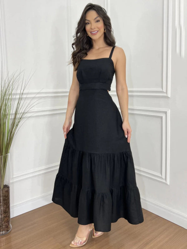 versatile solid color suspender dress