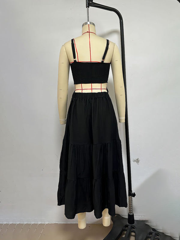 versatile solid color suspender dress