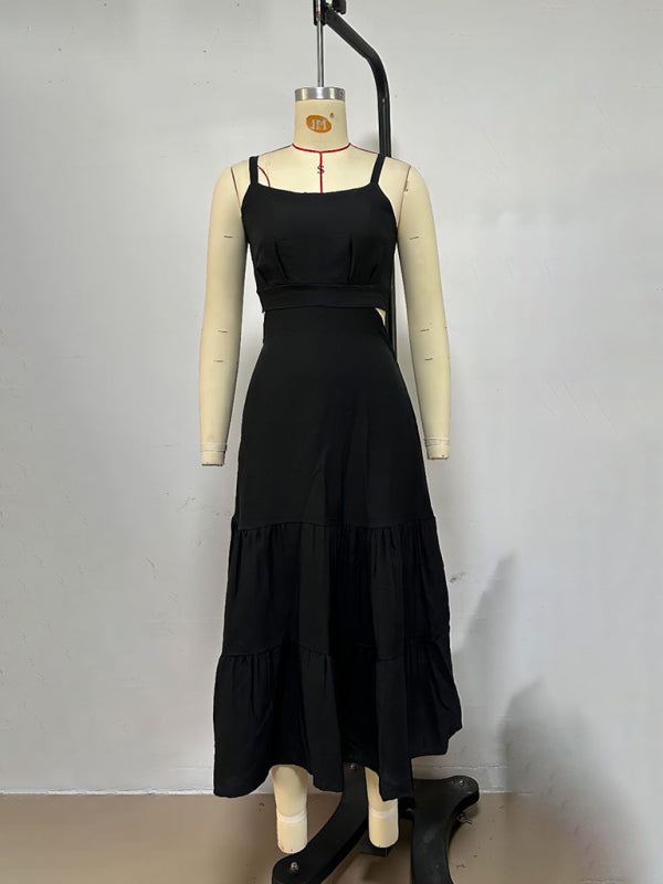 versatile solid color suspender dress