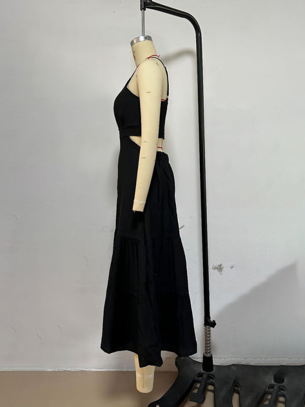 versatile solid color suspender dress