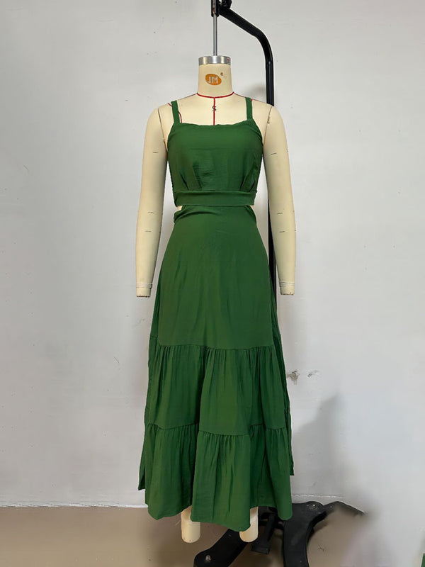versatile solid color suspender dress