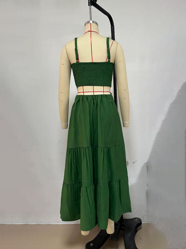 versatile solid color suspender dress