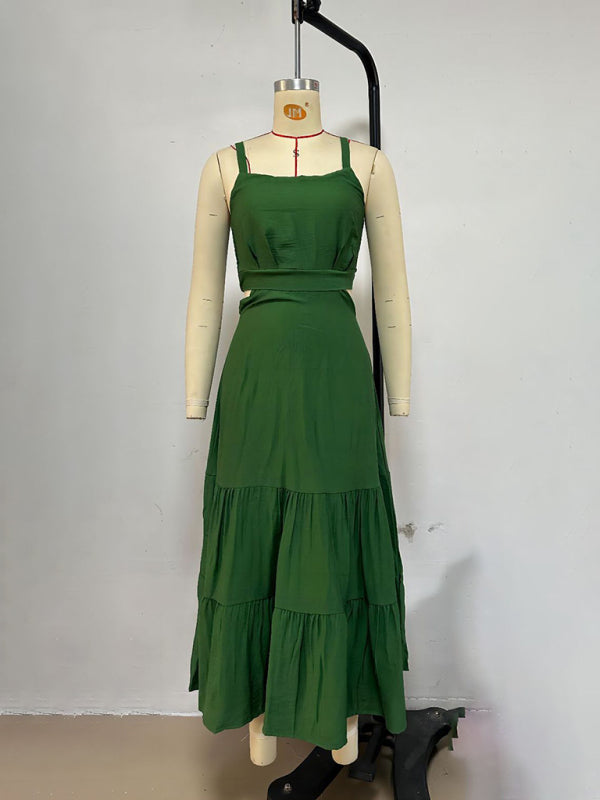 versatile solid color suspender dress