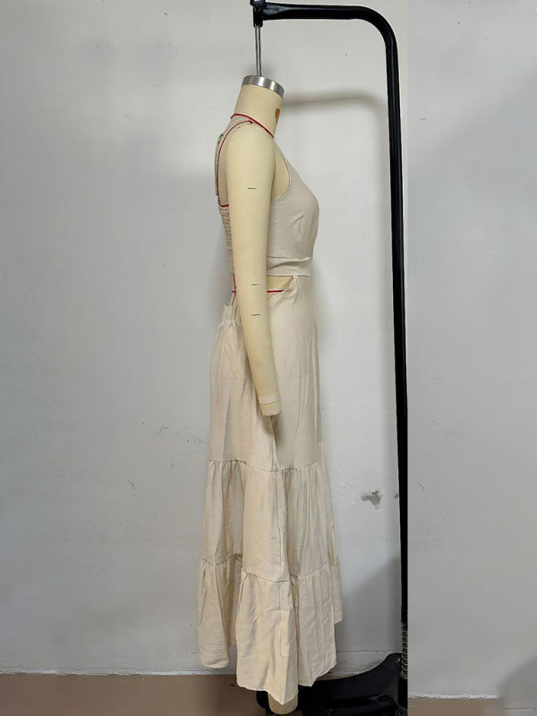 versatile solid color suspender dress