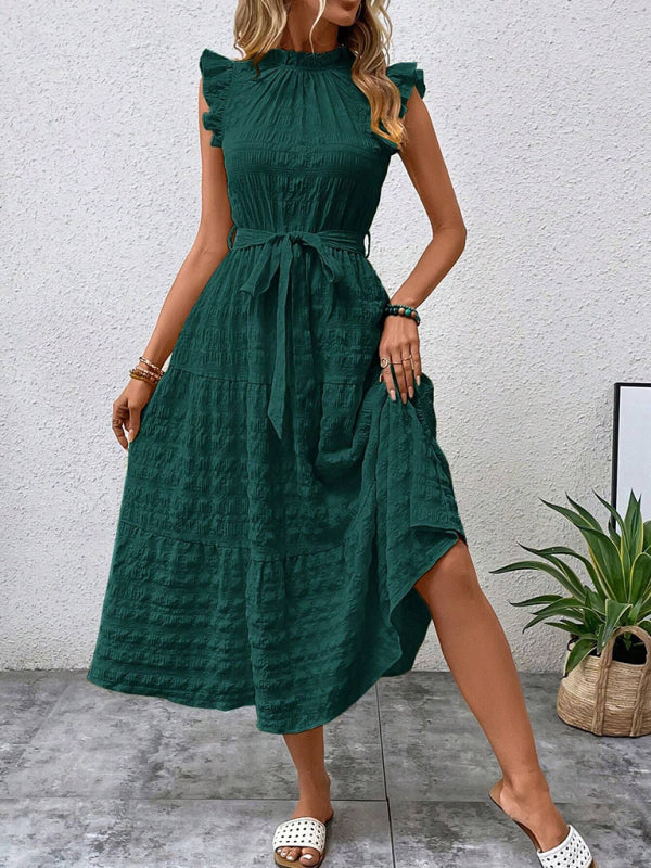 Ruffled Flying Sleeve Lace-up Textured Dress