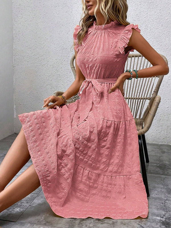 Ruffled Flying Sleeve Lace-up Textured Dress