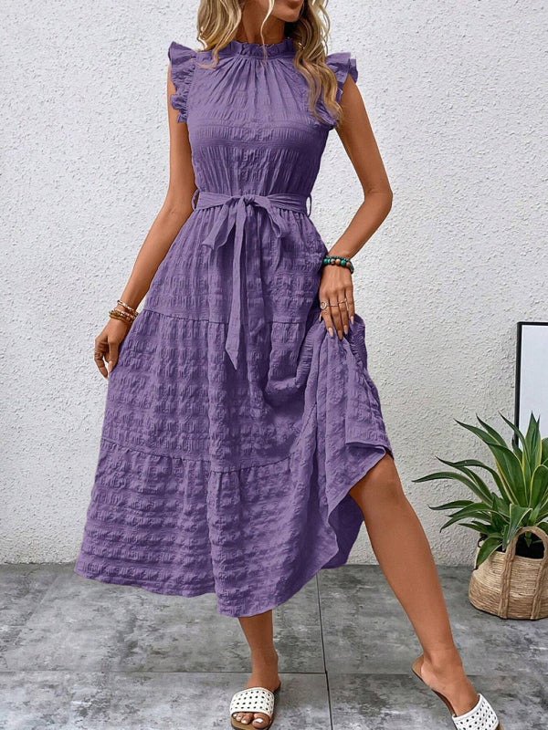 Ruffled Flying Sleeve Lace-up Textured Dress