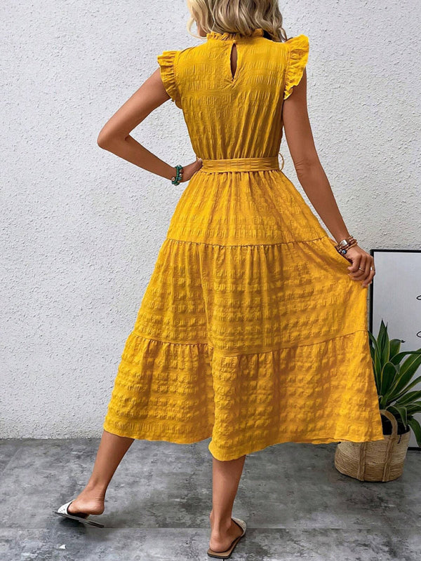 Ruffled Flying Sleeve Lace-up Textured Dress