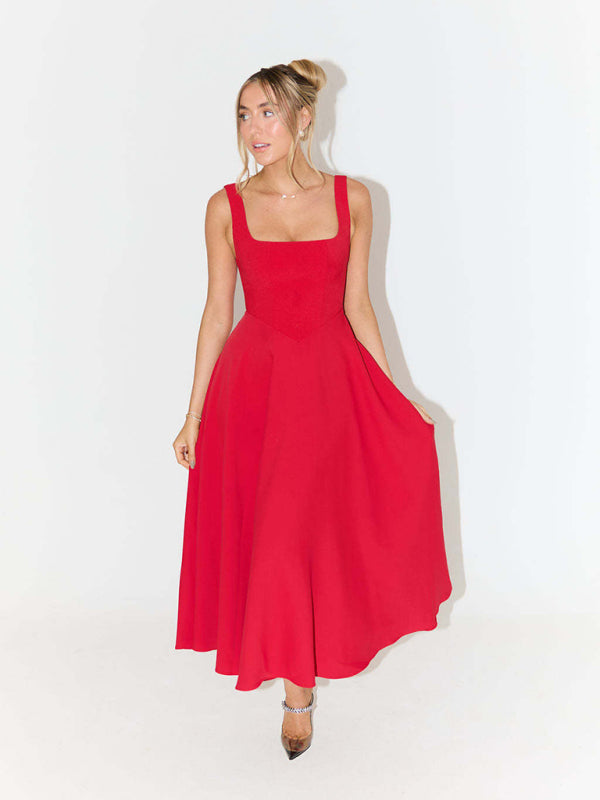Simple Sexy Solid Color Strap Midi Dress