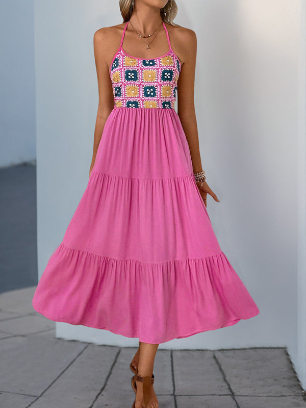 Sweet and Spicy Sleeveless Halter Neck Dress Backless Holiday Style Printed Dress