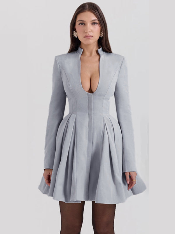 Solid Color V Neck Pleated Hem Dress