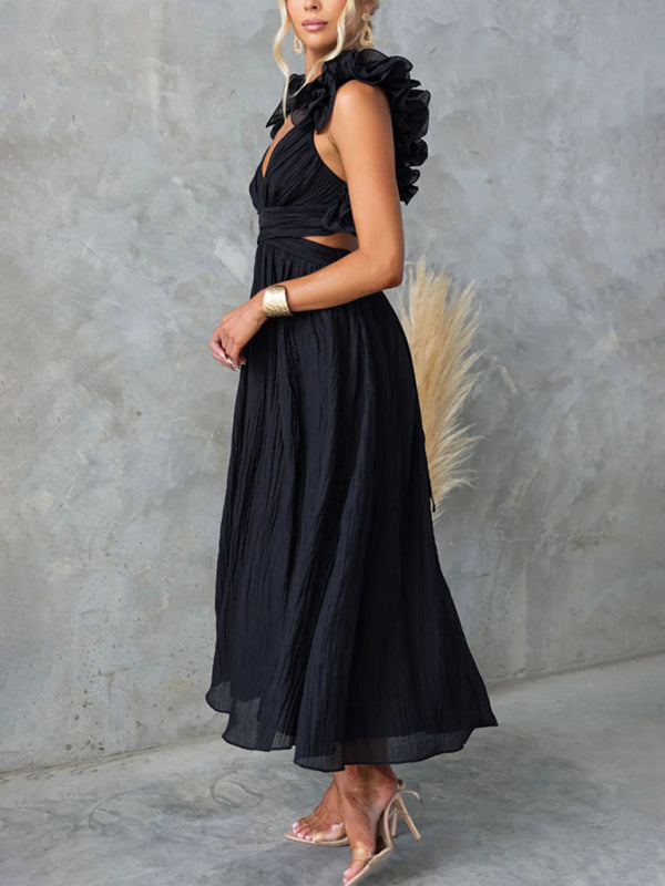 Sexy Sleeveless Solid Color Tie Pleated Skirt Dress