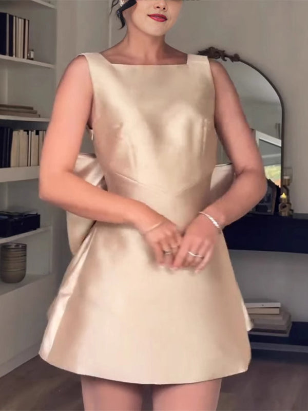 Satin Backless Bow Decorated High Waist Dress