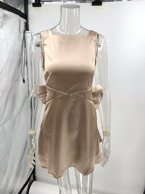 Satin Backless Bow Decorated High Waist Dress