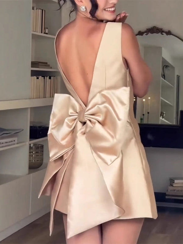 Satin Backless Bow Decorated High Waist Dress