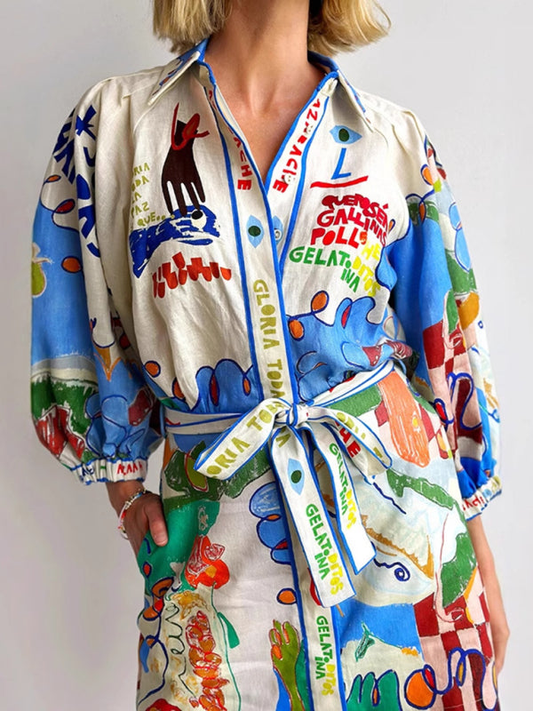 Linen Casual Printed Shirt Cardigan Lace-Up Dress