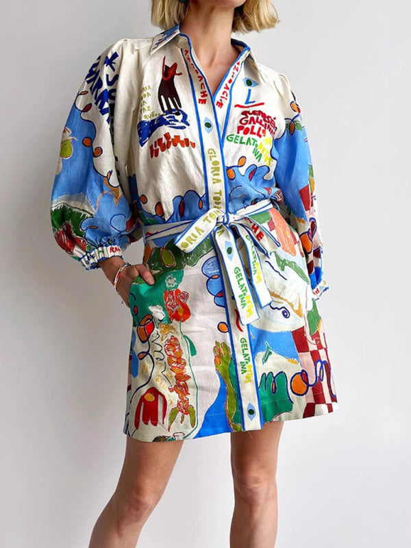 Linen Casual Printed Shirt Cardigan Lace-Up Dress