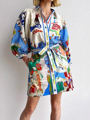 Linen Casual Printed Shirt Cardigan Lace-Up Dress