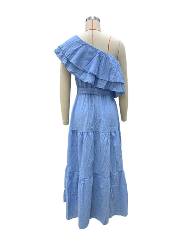 solid color off-shoulder lotus leaf collar dress