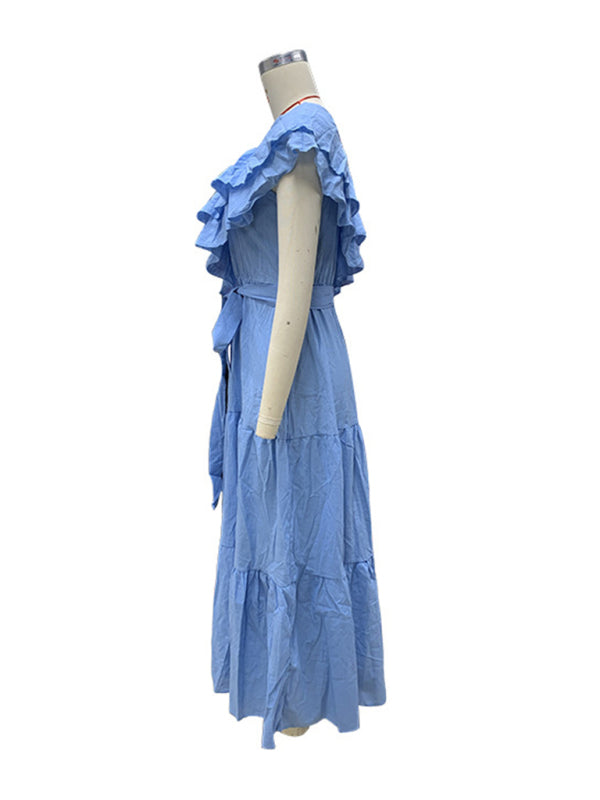 solid color off-shoulder lotus leaf collar dress