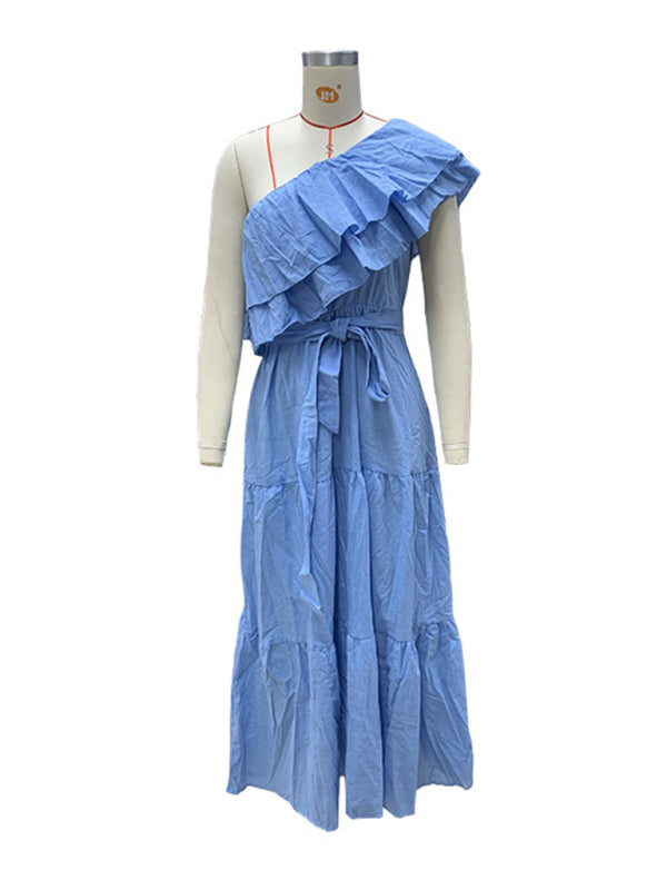 solid color off-shoulder lotus leaf collar dress
