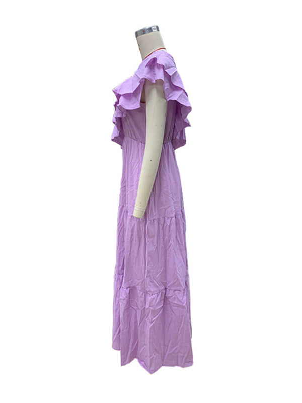 solid color off-shoulder lotus leaf collar dress
